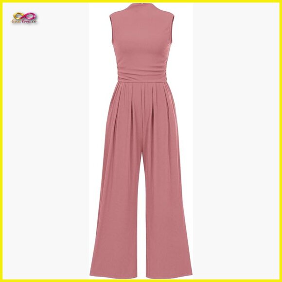 Sleeveless Mock Neck Wide Leg Jumpsuit Elegant Chic Casual Summer Romper